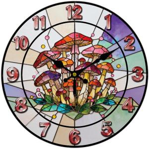 Colourful Glass Mushroom Pattern Wall Clock 12 Inch Non-Ticking Clocks Round Wall Hanging Clock Battery Operated for Bedroom Living Room Kitchen Office