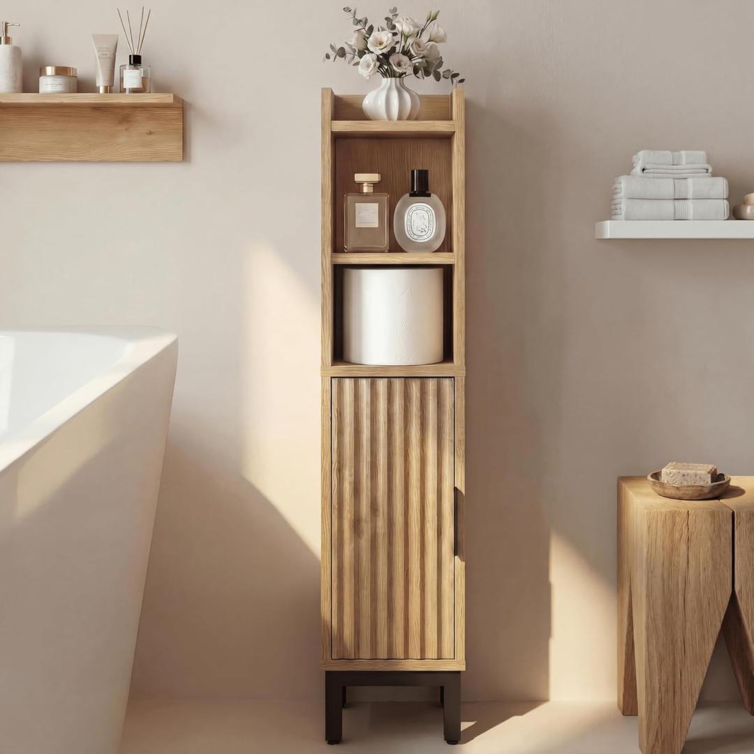 Small Bathroom Storage Cabinet, Corner Narrow Toilet Paper Floor Cabinet with Door and Shelves,Bathroom Organizer with Adjustable Shelf, for Small Spaces (Oak, 4-Tier)