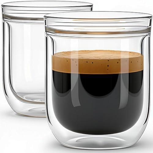 Aquach Double Wall Glass Espresso Coffee Cup 8 oz. 2pcs, Clear Drinking Glasses Insulated, Single Wall Mouth/Double Wall Body