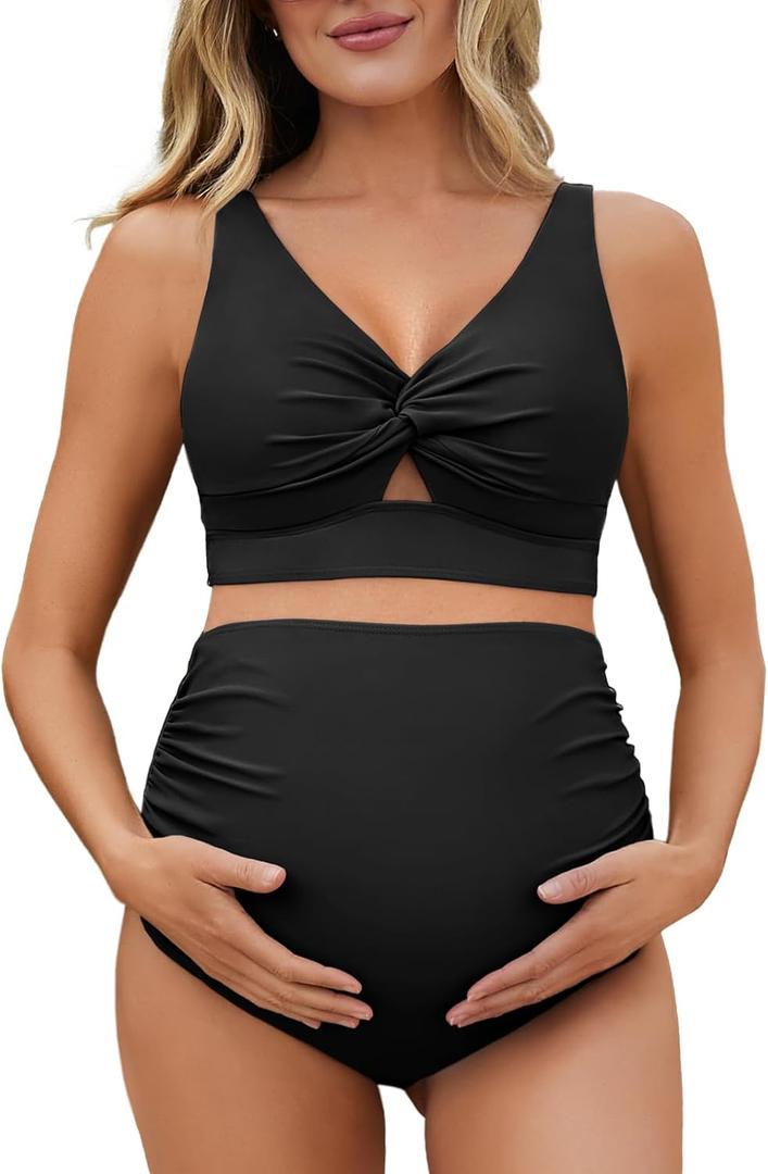 Summer Mae Twist Maternity Bikini Two Piece Pregnancy Swimsuits Cutout Bathing Suit High Waisted Ruched Swimwear (12, Black)