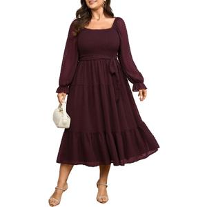SCOMCHIC Women's Plus Size Dress Long Sleeve Square Neck Swiss Dot Chiffon Smocked A Line Ruffle Cocktail Maxi Dresses (XXXL)