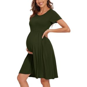 Women's Short Sleeve Maternity Dress Patchwork Pregnancy Clothes with Pockets, Large