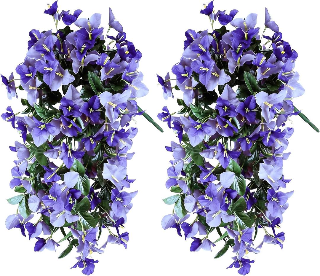 2 Pack Artificial Bougainvillea Flowers for Outdoors Decorations, Fake Hanging Plants, Faux Outside Flowers UV Resistant for Baskets Home Front Door Porch Patio Balcony Yard(Double Purple)