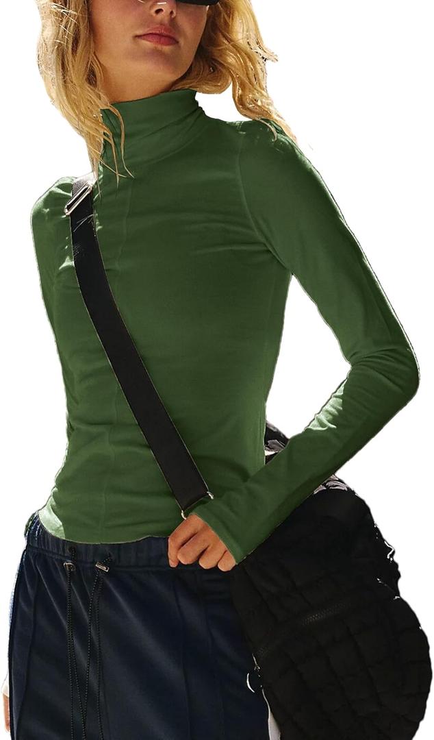 Womens Long Sleeve Turtleneck Shirt Crop Basic Tops Slim Fitted Top Going Out Y2K T Shirts (Green, XS)