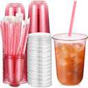 Ziliny 50 Sets Clear Plastic Cups with Heart Shaped Straws and Lids, Disposable Iced Coffee Cups Drinking Pet for Cold Drinks, Valentine's Galentine's Day Bridal Baby Showers Party (16 oz,Pink)