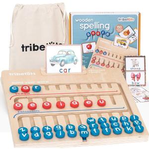 Montessori Learning Toy for 4 Year Old Kids and up | Wooden Educational Alphabet Board with Flashcards | PreK Essentials for Reading & Spelling. Great Homeschool CVC Word Game Gift for Boys & Girls