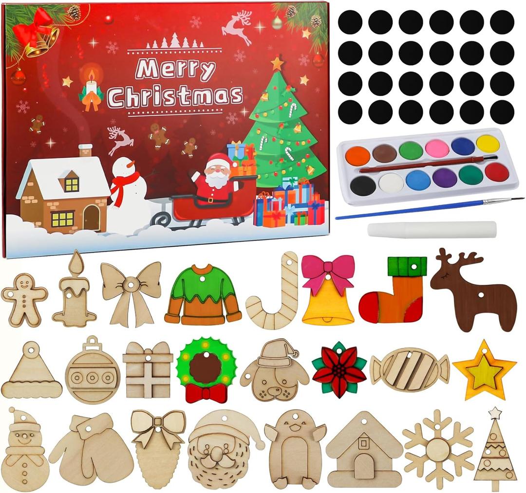 Craft Advent Calendar 2025-24 Days Christmas Countdown Calendar Wooden Art Crafts Painting Kit - DIY Wooden Magnets Christmas Ornament Kit - Christmas Party Favor Gifts for Adults