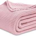 Bedsure Gentlesoft 100% Cotton Blanket Queen Size for Bed - Cooling Breathable and Soft for Summer, Thick Cozy Waffle Weave Blanket Gifts for Women, Light Pink, 90x90 Inches