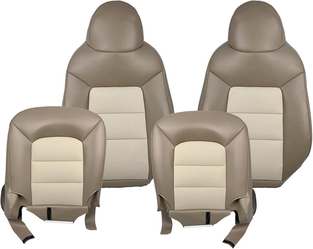Front Perforated Leather Seat Cover Tan Driver & Passenger Bottom & Lean Back Compatible with Expedition Eddie Bauer 2003-2006