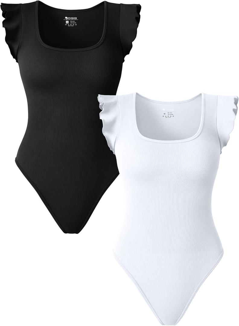 OQQ Women 2 Piece Bodysuits Sexy Ribbed Square Neck Ruffles Sleeve Stretch Fit Basic Tank Tops Bodysuits Black White (Medium)