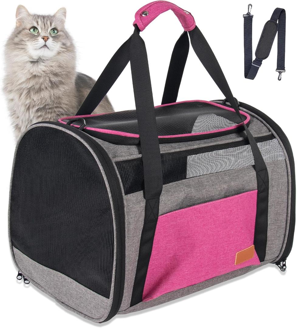 Large Cat Carrier for 20 lbs Pets - Soft Sided Breathable Mesh Travel Carrier, Airline Approved, Washable for Small Dogs Puppies, Foldable, Pink