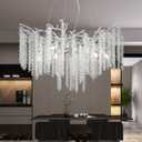 Modern K9 Crystal Tree Branches Chandelier, 31.5in Silver 10 Lights Large Ceiling Hanging Light for Dining Room, Round Tassel Ceiling Hanging