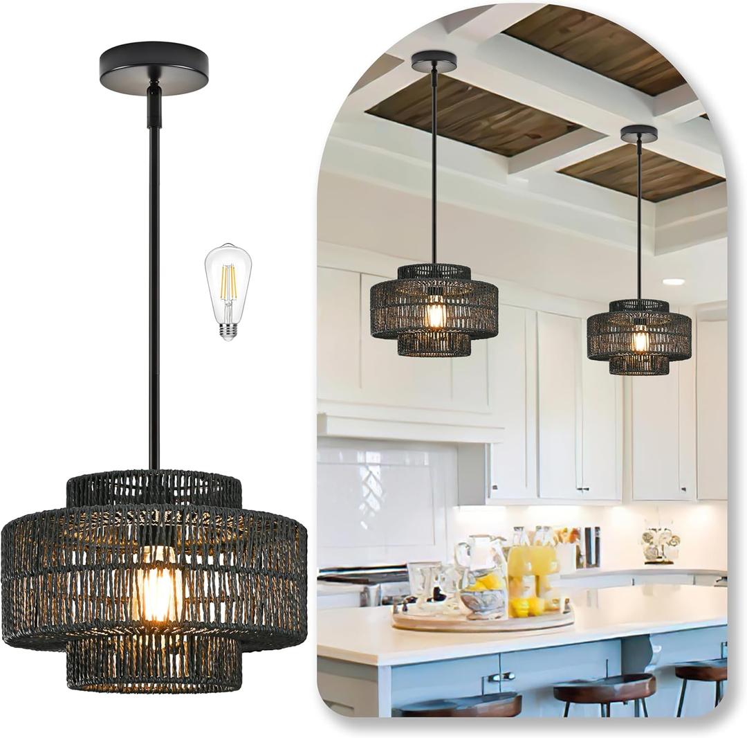 12" Black Rattan Chandelier Woven Rattan Pendant Light Boho Wicker Pendant Lighting Fixture 1-Light Farmhouse Chandelier Drum Wicker Chandeliers for Kitchen Island Dining Room Foyer