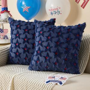 DFXSZ 4th of July Pillow Covers 20x20 inch Set of 2 4th of July Decor Red Embroidery Star Decoration Soft Plush Faux Fur Jacquard Throw Pillows Independence Day Decorations for Home Sofa PTK027A20