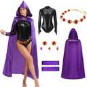 Women's Cosplay Costume Purple Cape Sexy Black Jumpsuit with Belt Cosplay Uniform Suit Halloween, S