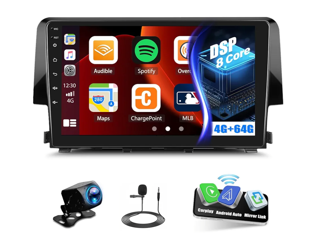 4G+64G/8 Core Android Car Stereo for Honda Civic 2016 2017 2018 2019 2020 Wireless Apple CarPlay Android Auto GPS Navigation 9 Inch 1280 * 720 Touch Screen Bluetooth WiFi DSP FM/RDS Backup Camera