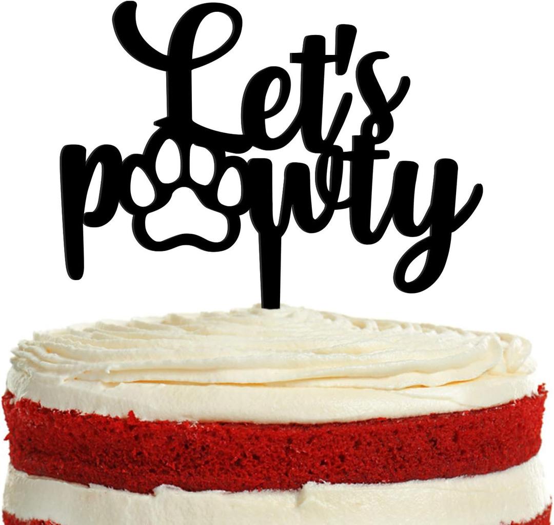 Let's Pawty Acrylic Cake Topper for Pet Dog Theme Party Decoration, Pet Puppy Birthday Dog Paw Pattern Cake Decor, Pet Adoption Party Supply (Black)