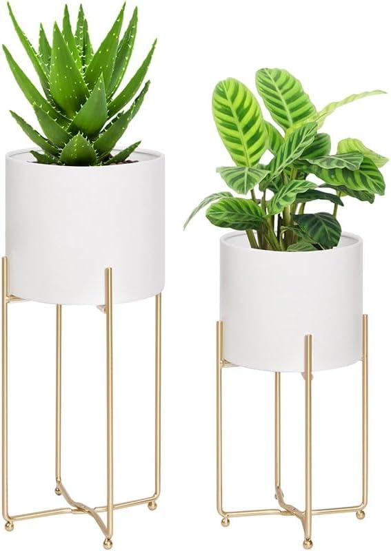 Sinolodo Modern Planter for Indoor Plants Pack of 2, White Plant Pots with Gold Stand, Mid Century Round Flower Vase Container for Living Room, Porch, Office(8''&7'' Pot, White & Gold)
