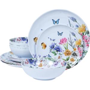 12 Piece Melamine Dinnerware Sets - Plates And Bowls Sets Floral Dinnerware Sets- Spring Camping Dishes Indoor Outdoor Use, Flowers And Butterflies Pattern