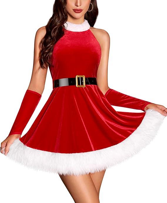 RSLOVE Christmas Costumes for Women - Velvet Halter Neck Santa Dress 4PCS Holiday Outfits with Belt Long Gloves, M