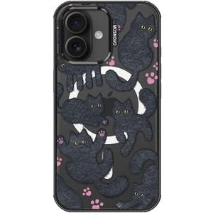 MOSNOVO Magnetic Case for iPhone 16, 10ft Military-Grade Protection, Compatible with Magsafe, Shockproof Phone Case for iPhone 16 - Black Fluffy Cat - Clear Black