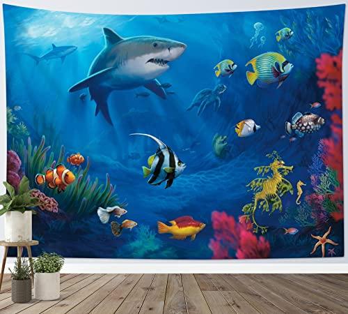 HVEST Blue Ocean Shark Tapestry Tropical Fish and Coral in Undersea World Tapestry Wall Hanging Sea Nature Landscape Wall Art for Bedroom Living Room Kids Tree Dorm Party Decor, 60W X 40H inches