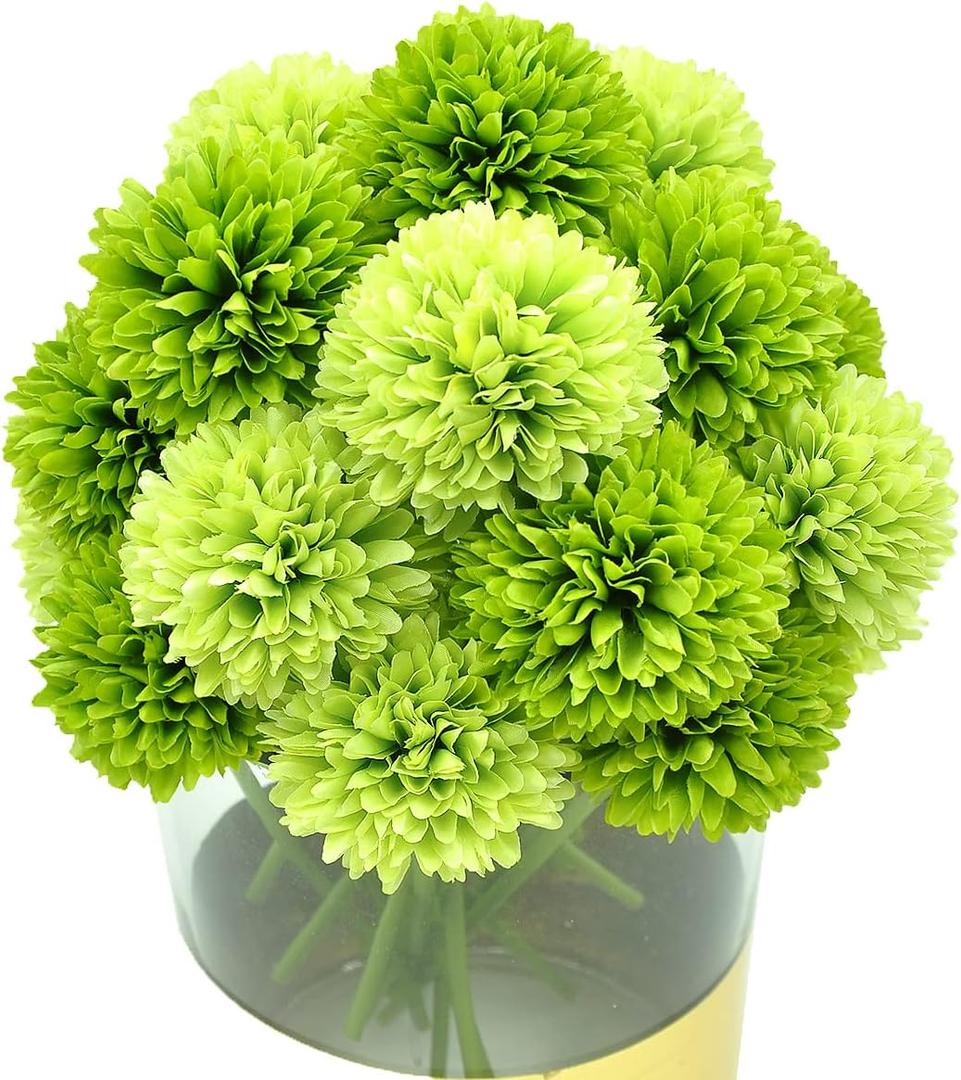 20Pcs Artificial Fake Flower Plants Silk Chrysanthemum Ball Hydrangea Arrangements Wedding Bouquets Decor Home Kitchen Garden Party Table Floral Centerpieces DIY (Dark Green&Green)