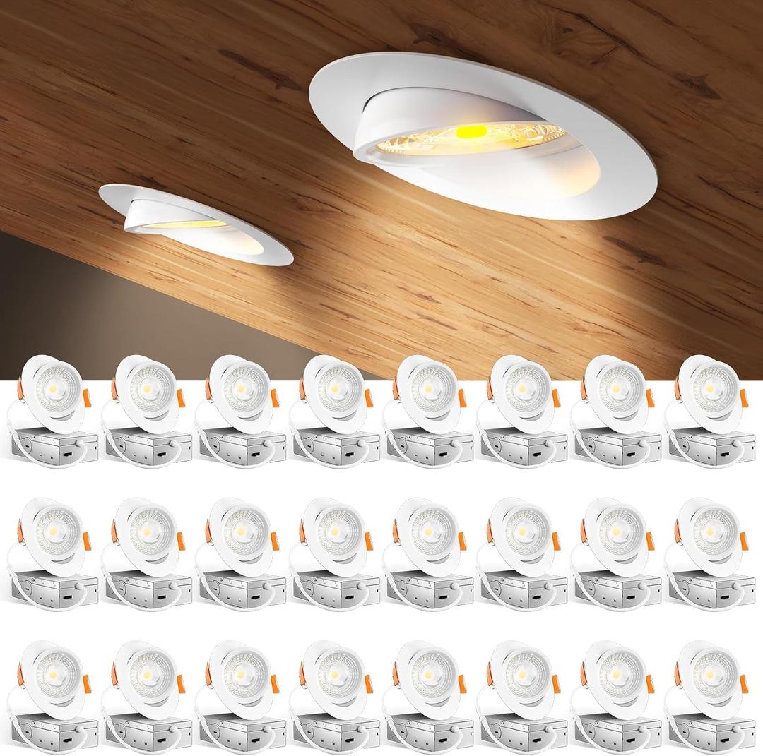 Amico 24 Pack 4 Inch 5CCT Gimbal LED Recessed Lighting, 360&90 Adjustable Eyeball Directional Downlight, Dimmable, 2700K/3000K/3500K/4000K/5000K Selectable, CRI90+ 9W 700LM, ETL&FCC