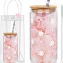 Coquette Bow Aesthetic Cup with Clear Gift Bag 16 oz Glass Cups with Lids and Straws Trendy Iced Coffee Tumbler for Girls Sister Girlfriend Birthday Valentines Gifts Wedding Bridesmaid Bride Favor