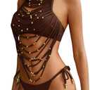 WDIRARA Women's 2 Piece Halter Tankini Set Cut Out Beaded Layered Fringe Tie Side Bathing Suit (Brown, XS)