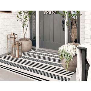 Black and White Outdoor Rug 3'x 5' Front Porch Rug Cotton Hand-Woven Striped Rug Machine Washable Indoor/Outdoor Area Rug Front Door Floor Mat for Farmhouse/Layered Door Mats/Living Room/Entryway