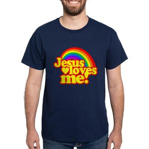 CafePress Jesus Loves Me Rainbow T Shirt Men's 100% Cotton, Classic Graphic Dark T-Shirt (Large, Navy)