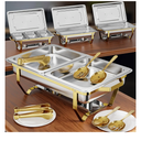 Gold Chafing Dishes for Buffet 4 Pack (7 Pans + Utensils) - 9QT Stainless Steel Chafing Dish Buffet Set - Food Warmers for Parties Buffet - Buffet Servers and Warmers (4 PACK + 7 PANS + 7 UTENSILS)