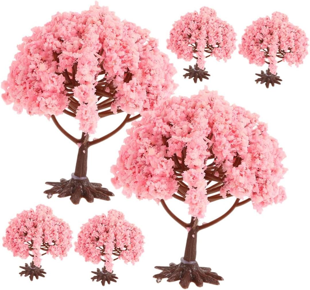 6pcs Miniature Cherry Trees with Base High Simulation Sand Table Model Plants for Mini Landscape Decoration Artificial Light Pink Flower Scenery for Dollhouse Garden