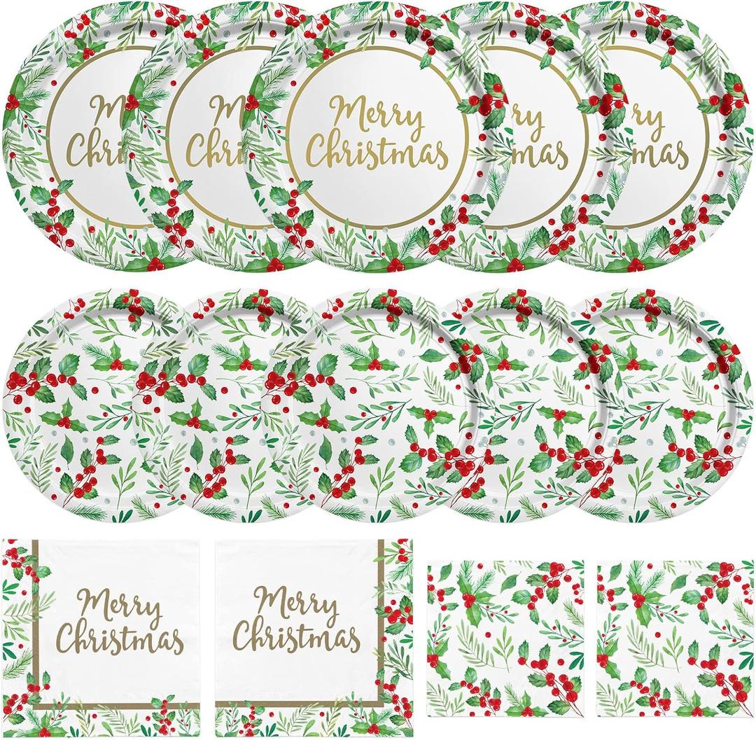 Christmas Party Supplies, Serve 50, Christmas Seasonal Holly Tableware Includes: Paper Dinner Plates, Dessert Plates, Luncheon Napkins and Beverage napkins, Great for Party Decorations