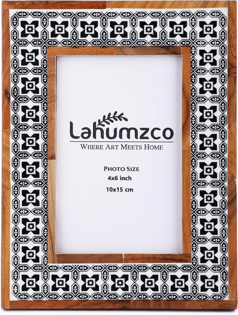 Black and White Handmade Bone Photo Frame Floral Art Painting Vintage Boho Wooden Picture Frames For Table-Top/Wall Decor (6x4 Inches, Maharaja)