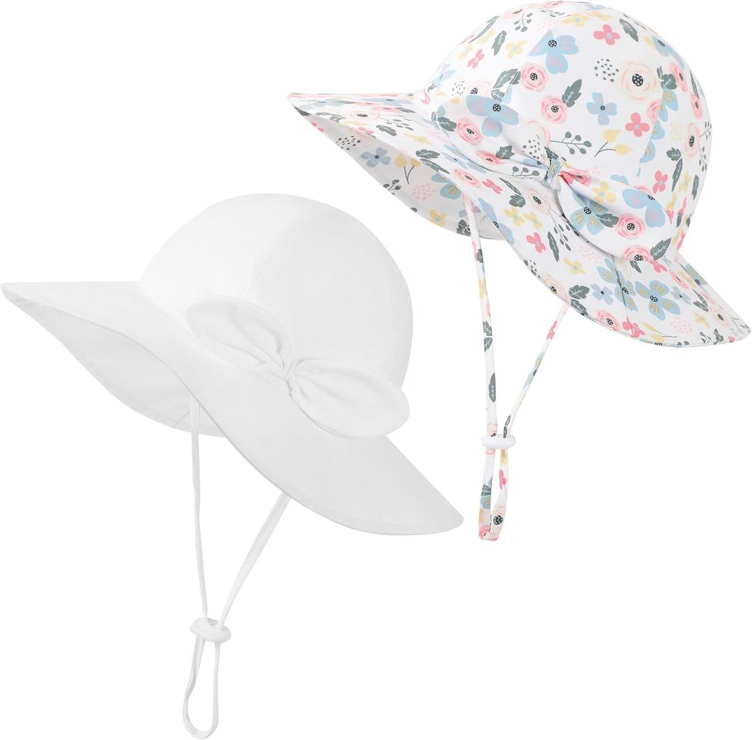 2 x Baby Girl Sun Hat 2Pack Infant Toddler Swim Wide Brim Strap Bucket Hat with UPF 50+ Adjustable (White)