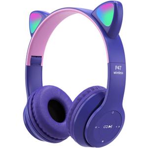 Xiaokeis Kids Headphones, Cat Ear LED Light Up Bluetooth 5.0 Foldable Wireless Gaming Headset for Kids Adult, Built-in Mic Noise Cancelling Over Ear Headphones for Study/Travel (Purple)