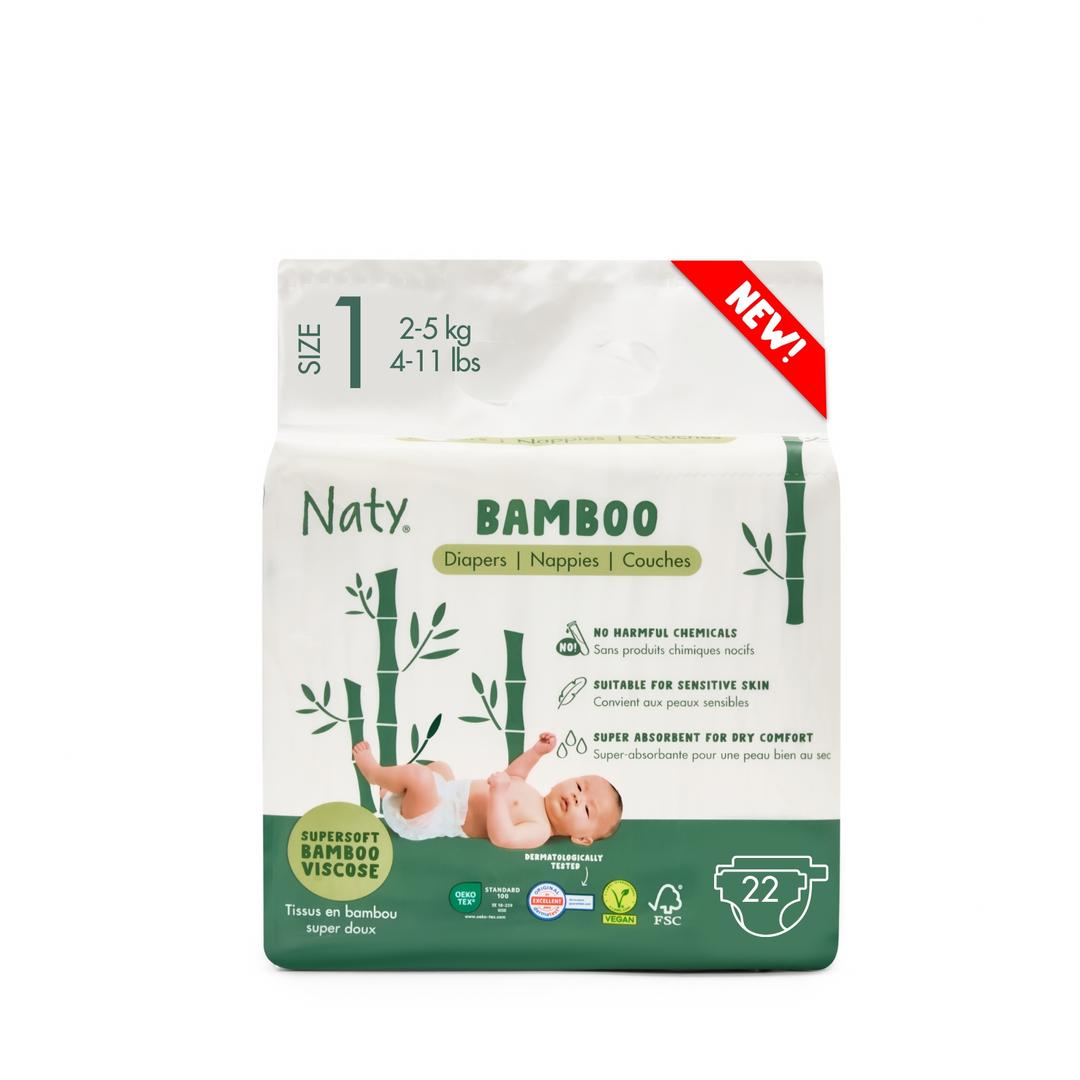 Naty Bamboo Viscose Baby Diapers Silky Soft, Plant Based, Dermatologically Tested for Sensitive Skin & Super Absorbent (Size 1, 22 Count)