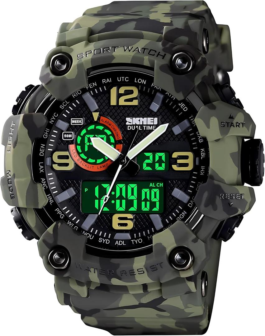 Gosasa Men's Large Face Outdoor Sports Watches Military S-Shock Watch Waterproof, Backlight, Alarm, Stopwatch Features - Rugged Wristwatch for Training, Hiking, and Adventure (A _1520_camouflage&green)
