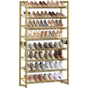 SONGMICS Shoe Rack, 8-Tier Shoe Organizer, Metal Rack for Garage, Set of 2, 4-Tier Stackable Shelf, with Adjustable Flat or Angled Shelves, 32-40 Pairs, Pale Gold ULMR08A02