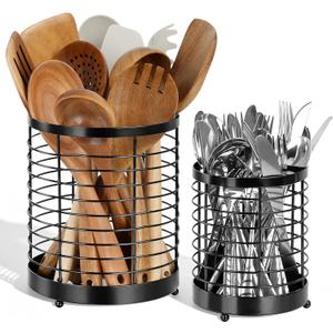 Utensil Holder, 7.7"+6" Stainless Steel Utensil Holder for Kitchen Counter, Cooking Tools Spatula, Silverware Forks, Knives, Spoons Utensil Crocks Organizer Drying Rack, Set of 2
