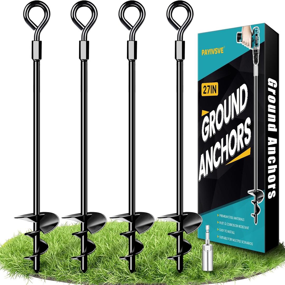 Ground Anchors, Heavy Duty Swing Set Anchors, Spiral Earth Anchor for Trampoline, Camping, Shed, Canopies, Metal Trampoline Anchor Resistant Strong Wind (4x27", Black)