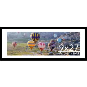 9x27 Picture Frame with 8x24 Mat, Display Photo 8x24 with Mat or 9 x 27 Without Mat, Wall Hanging Large 9 by 27 Poster Frame with Plexiglass, Black