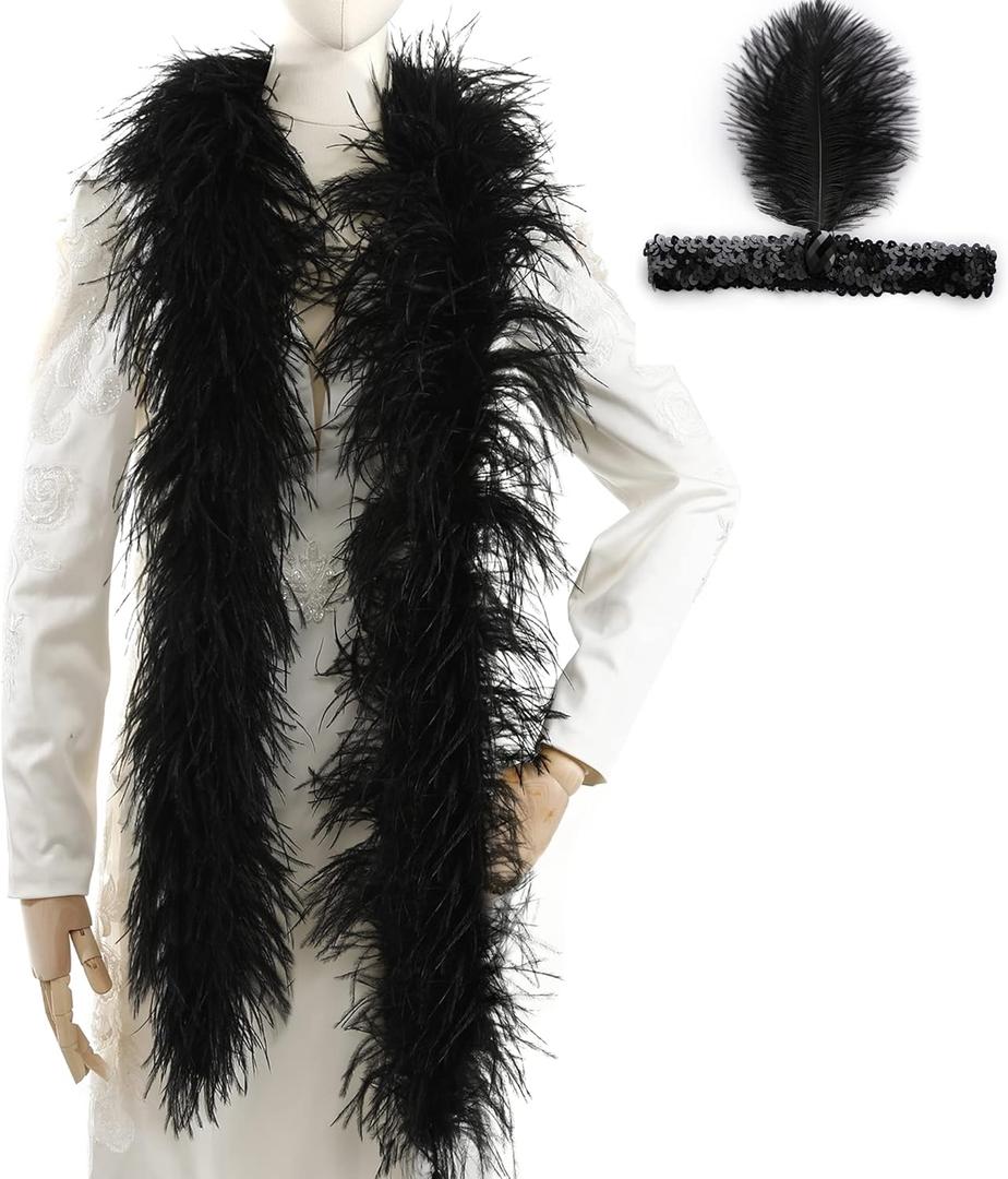 Soarer Black Ostrich Feather Boas  2yards 3ply Long Boas for Party, DIY Production, Clothing Decoration (Black)