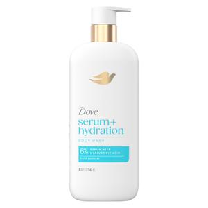 Dove Body Wash Hydration Boost Actively drenches dry skin 6% hydration serum with hyaluronic 18.5 oz
