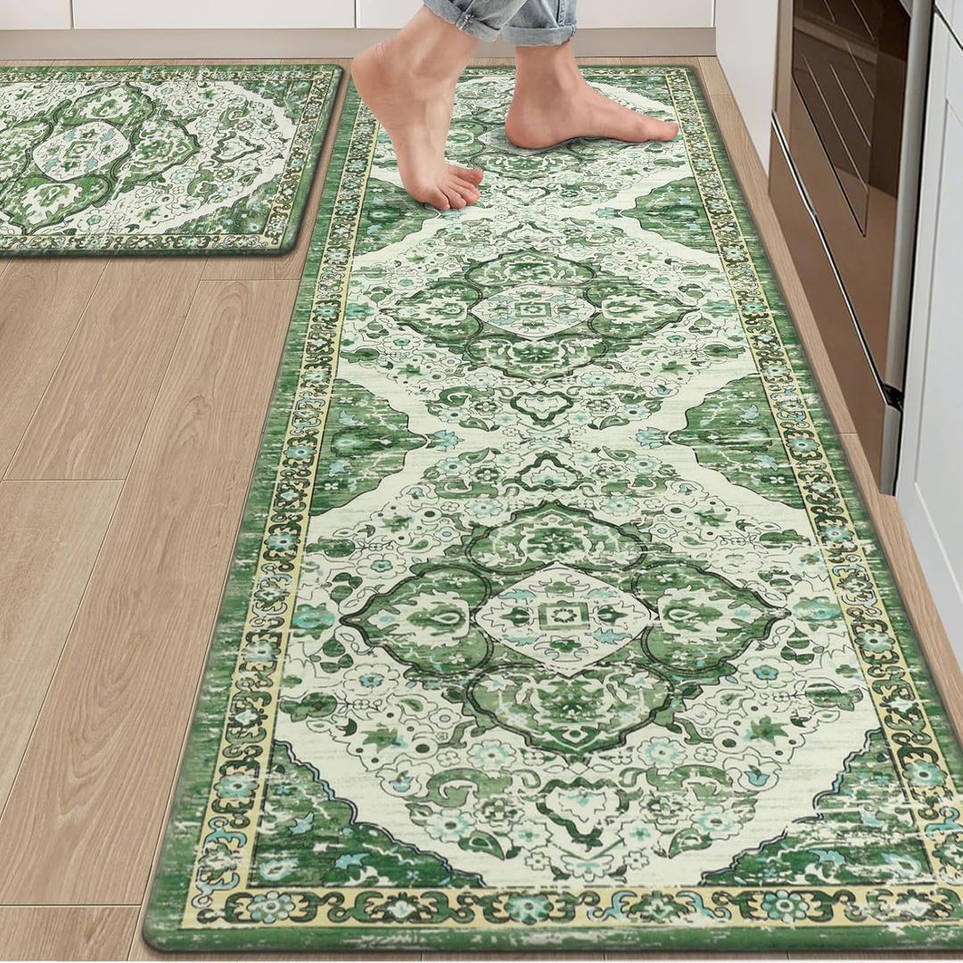 Ileading Anti Fatigue Kitchen Rugs Sets of 2 Cushioned Kitchen Mats for Floor Waterproof Kitchen Mat Set Non Slip Comfort Standing Mat for Kitchen, Office, Sink, Laundry (Green)