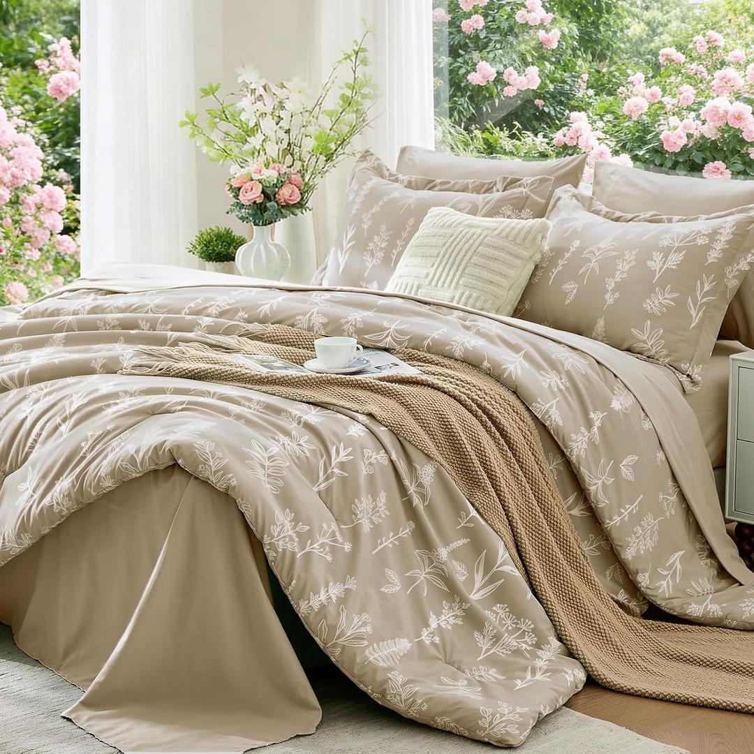 MUXHOMO Taupe Bed in a Bag Queen 7 Pieces, Queen Comforter Set Reversible Botanical Flowers Design, Ultra Soft & Breathable Bedding Sets with Comforter, Sheets, Pillowcases & Shams