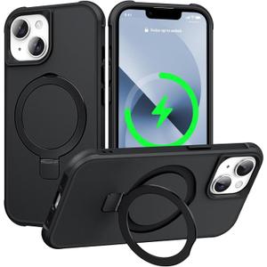 Magnetic Compatible for iPhone 13 & iPhone 14 Case with Stand [Military Grade Drop Tested][Compatible with Magnet] Ring Sleek Slim Hard Back Soft Edge, Black