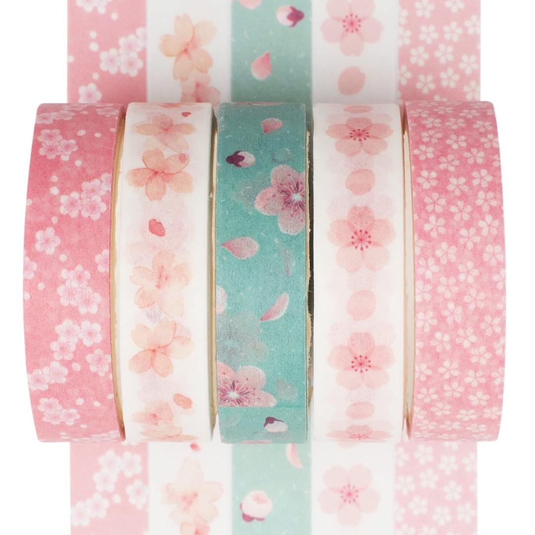 YUBX 5 Rolls Washi Tape Set Creative Basic Skinny Decorative Tapes for Arts, DIY Crafts, Journals, Planners, Scrapbooking, Wrapping (Sakura)